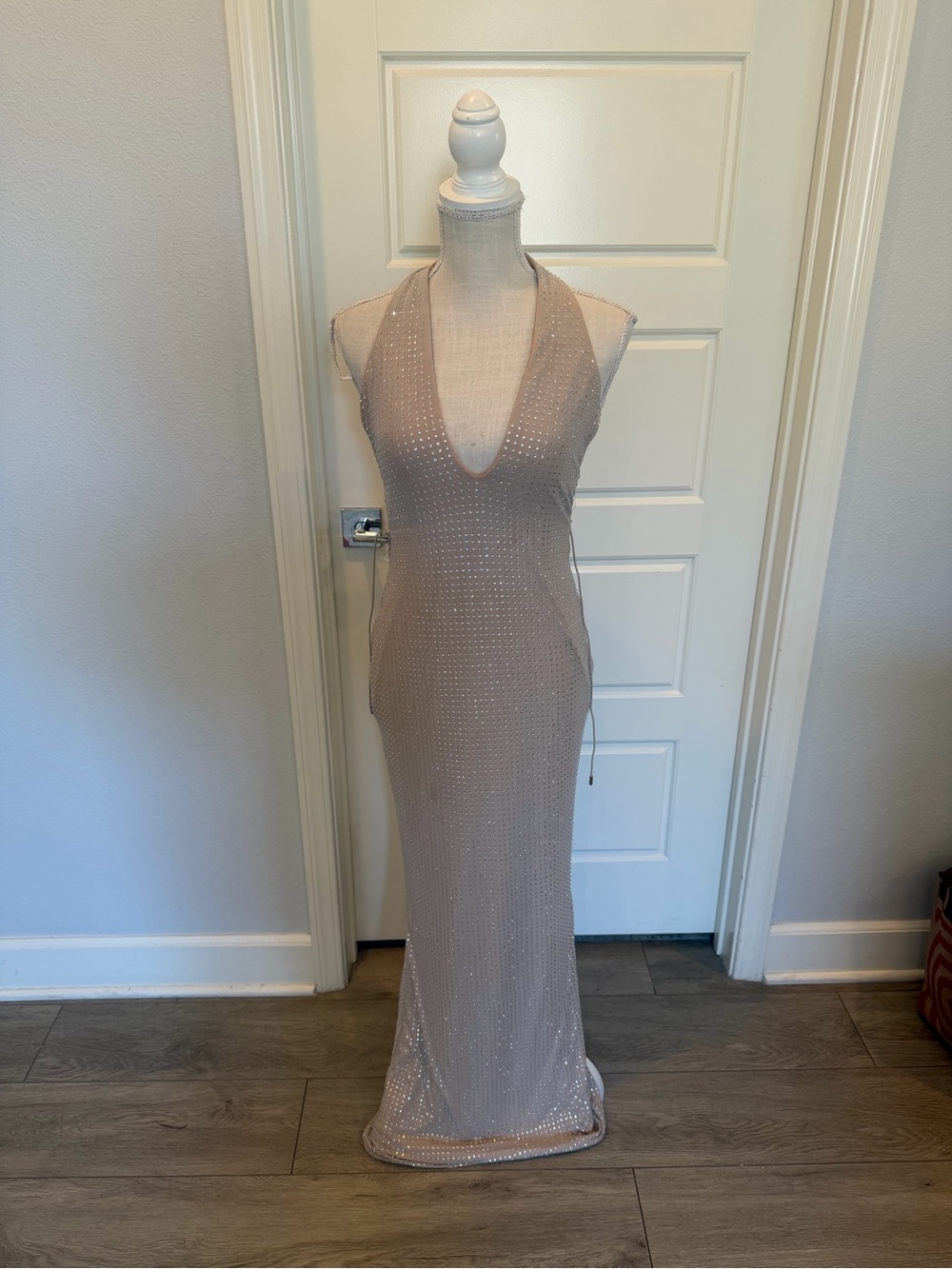 Sleeveless V-Neck Beaded Evening Gown in Nude